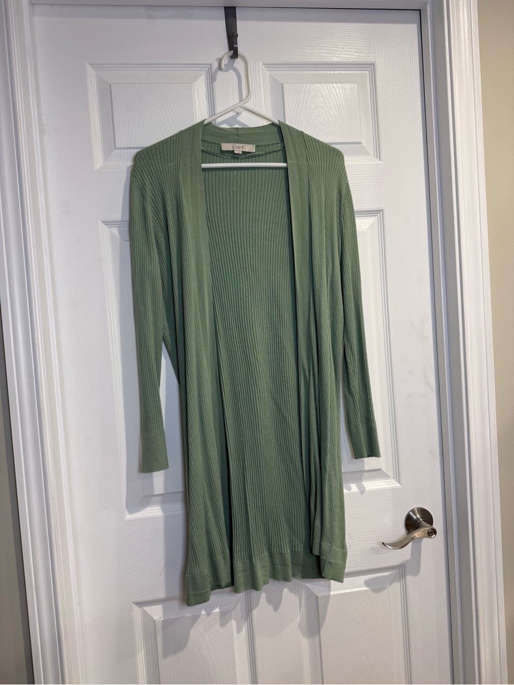 LOFT Light Sage Ribbed Open-Front Cardigan